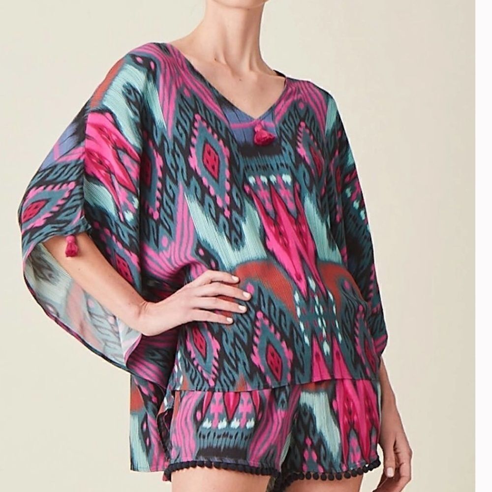 Pink Teal Size XS Ikat Boho Pullover Lightweight Top Blouse